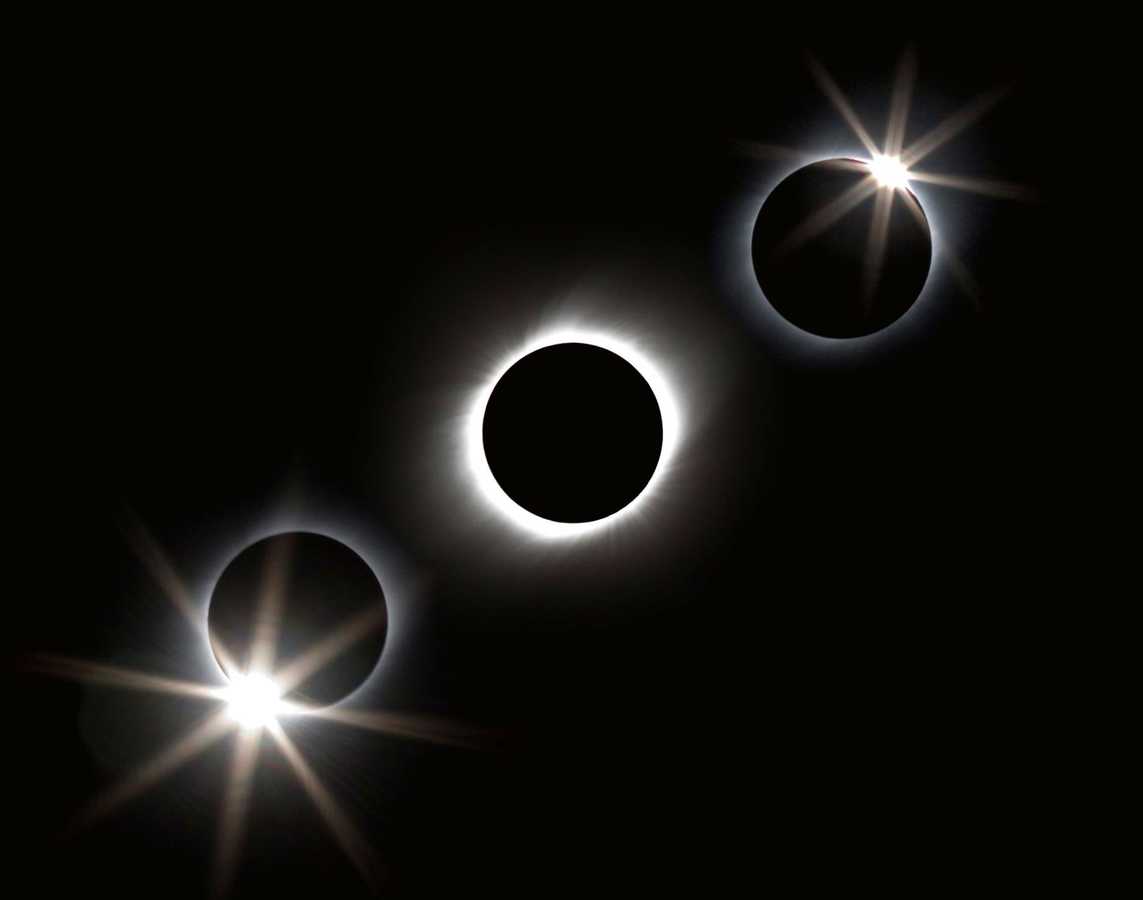 Una fotografía compuesta sacada desde un crucero cerca de Iwo Jima retrata un eclipse de 2009 durante los momentos previos, durante y tras la totalidad. FOTOGRAFÍA DE CORBIS VIA GETTY IMAGES. (Web National Geographic)